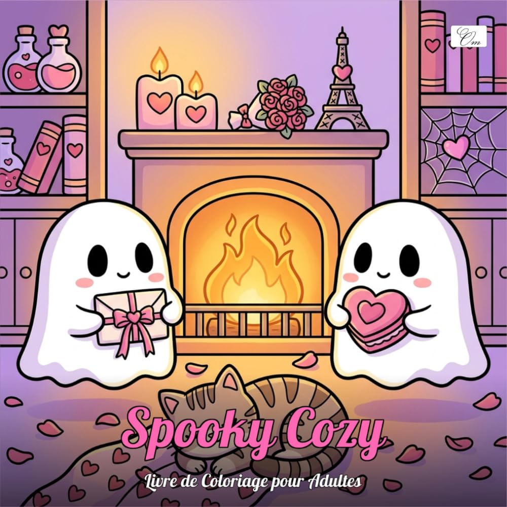 Spooky Cozy : Livre de Coloriage Mignon pour Adultes et Adolescents avec des Fantômes Kawaii et des Scènes Hygge Cosy: Dessins Gras et Faciles — Personnages Ronds Kawaii et Ambiance Hygge