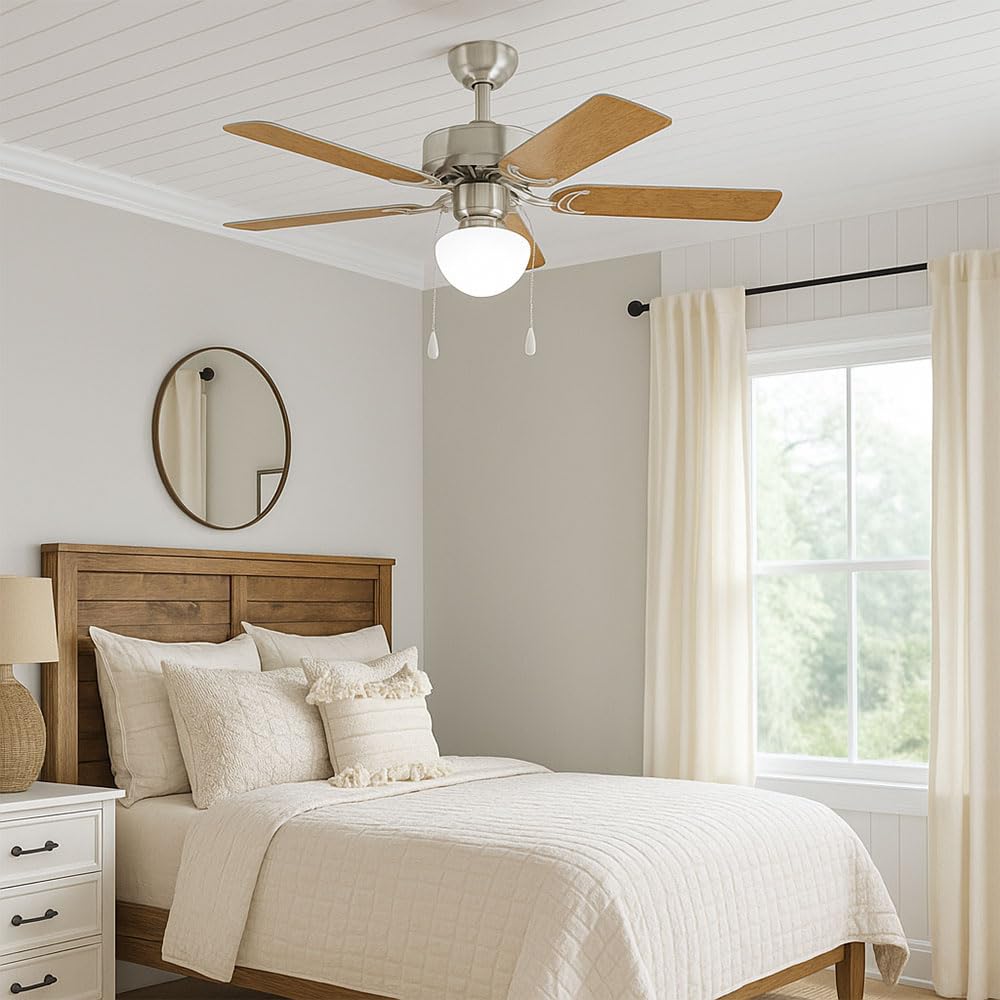 EGLO Deckenventilator CADIZ, 5 Flügel Ventilator mit Licht, Zugkette, Wendeflügel aus MDF in Silber oder Eiche, Gehäuse aus Stahl in Nickel-Matt, Sommer Winter Betrieb, AC Motor, Ø 106,6cm