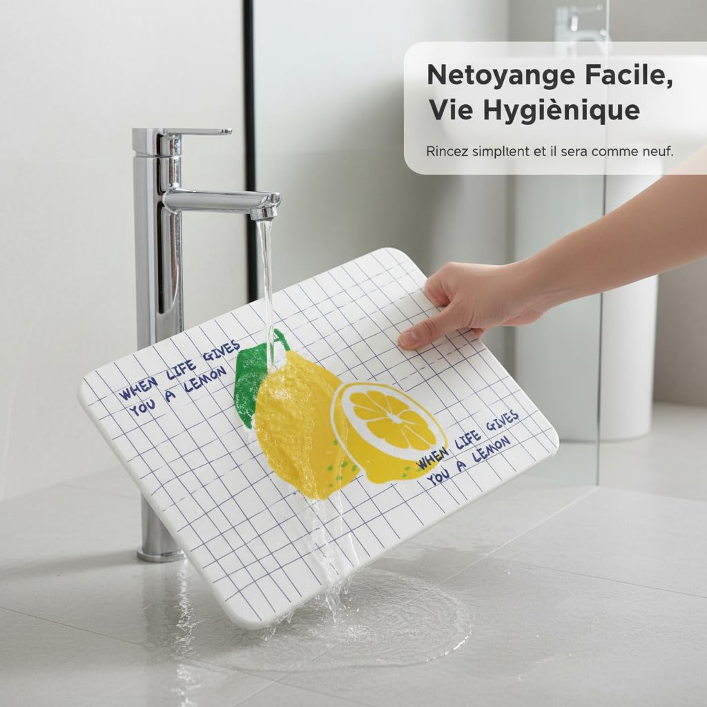 Tapis Bain Diatomée Séchage, 夏日柠檬, 39 * 60 * 0.9cm | Surface absorbante, Tapis bain hygiénique, Utilisation quotidienne, Pour enfants et adultes