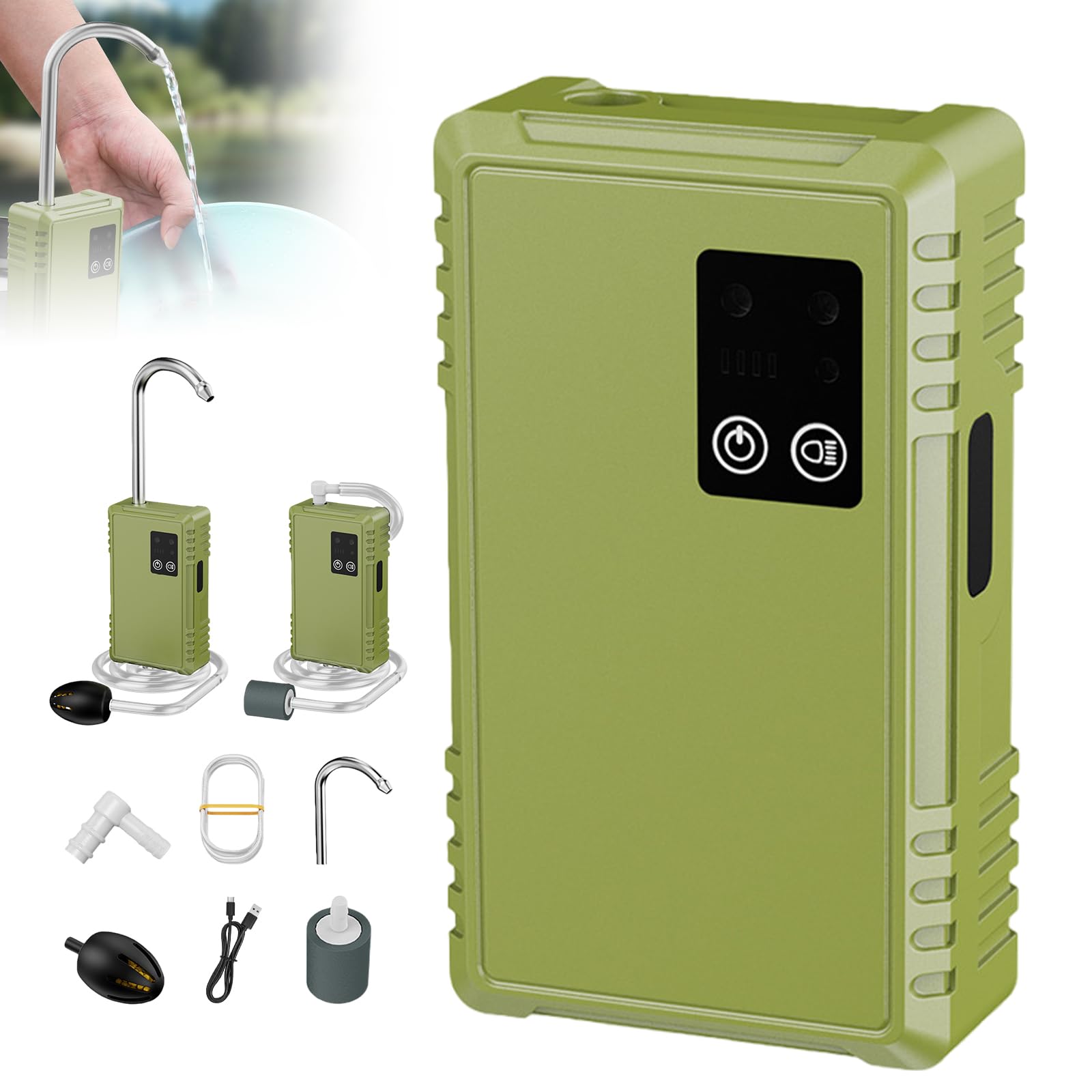 Aquarium Luftpumpe, Grüne Smart Sensor USB Sauerstoffpumpe, Multifunktional 3 Modi, Pumpen, Wasserbelüftung, Beleuchtung, Dreifache Filtration, USB Lade für Outdoor-Angeln und Aquarium