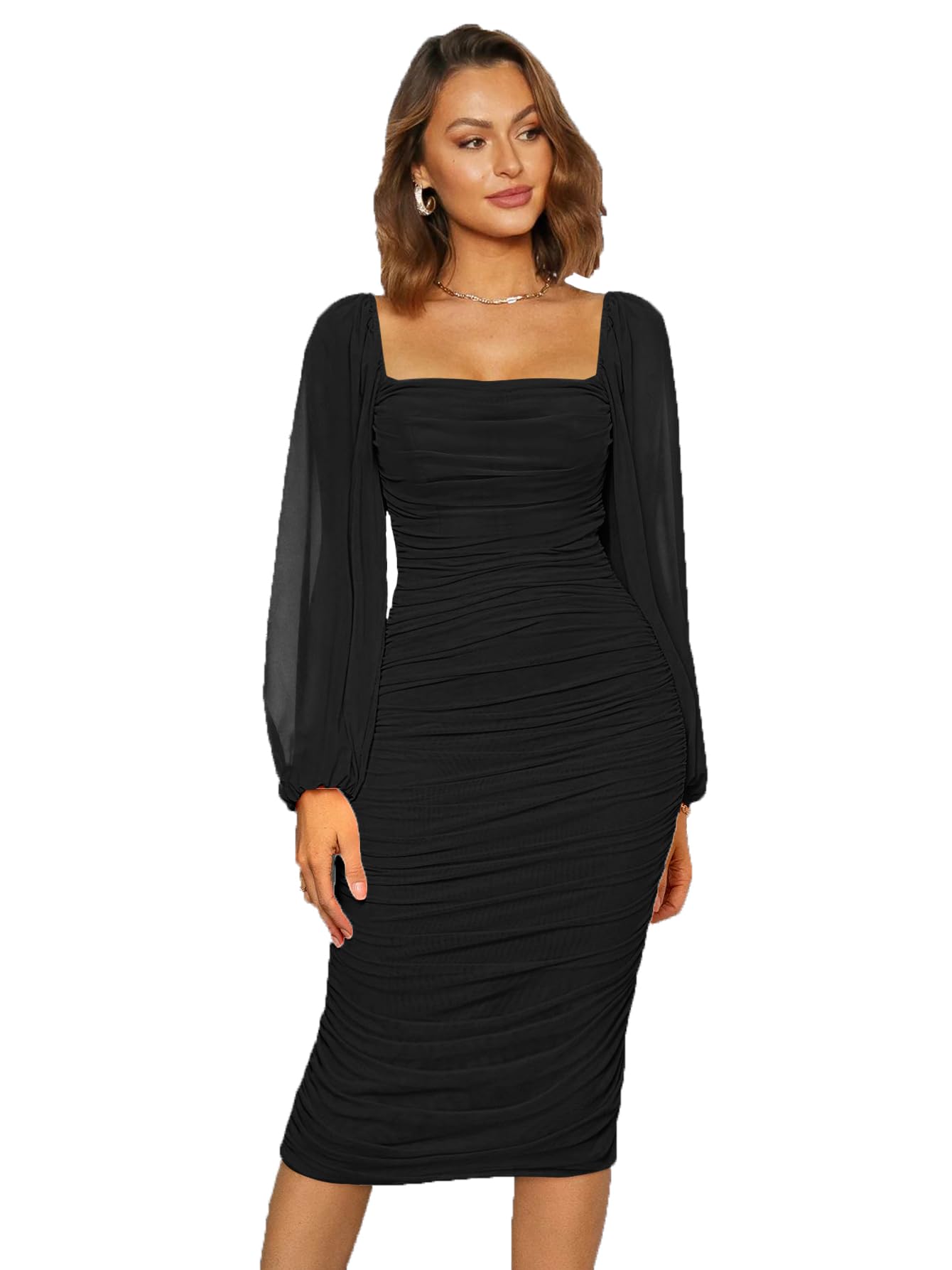 Plustrong Women's Mesh Long Sleeve Square Neck Ruched Bodycon Midi Dress Cocktail Party Wedding Guest Dresses, Black, M