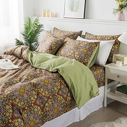 Fadfay Shabby Floral Duvet Cover Set Queen Vintage Paisley Bedding Luxurious Purple Green Bohemian Mandala Comforter Cover Boho 100% Cotton Soft Exotic Boho Quilt Cover With Hidden Zipper 3Pcs, Queen #TOP3