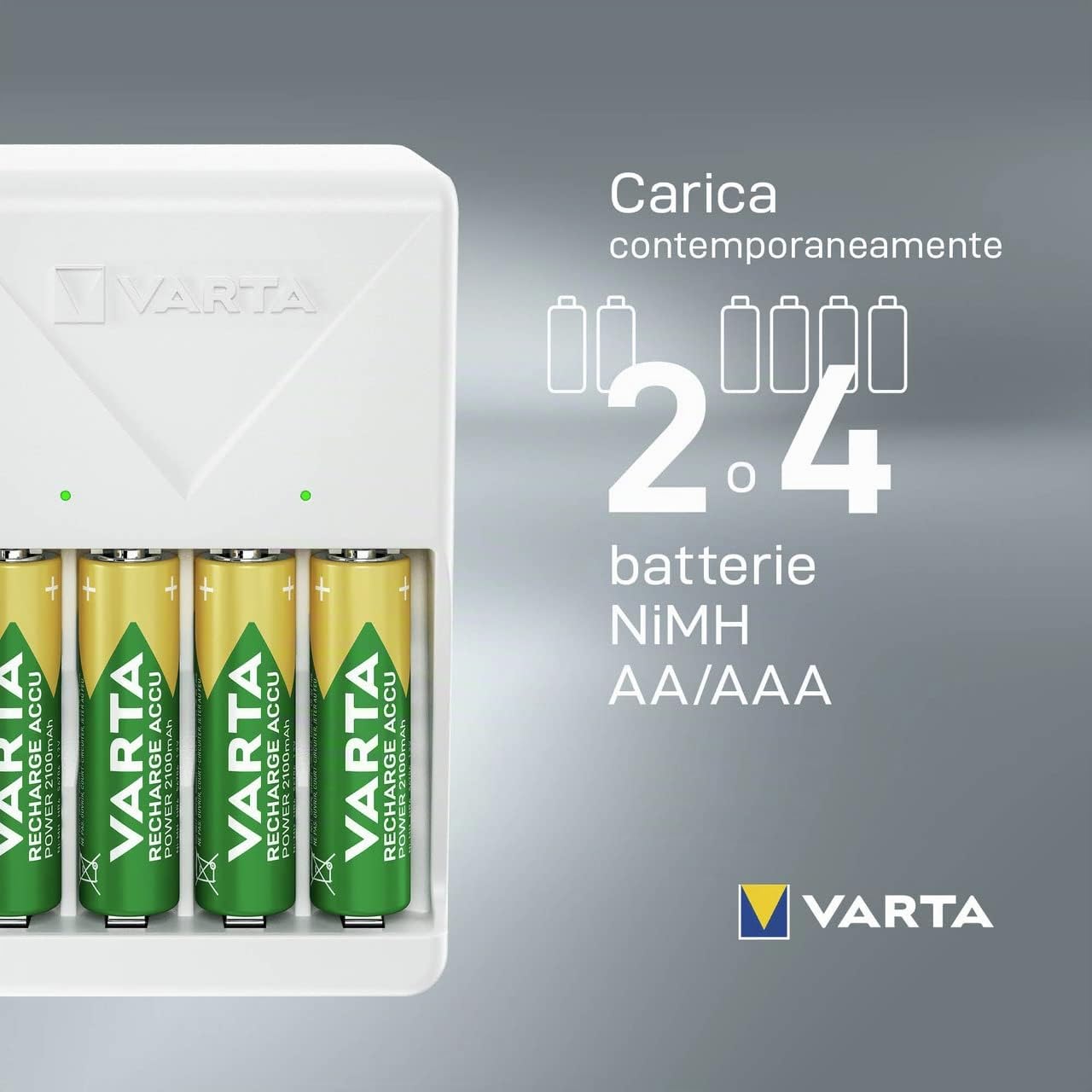 VARTA Caricabatterie, incl. 4X AA 2100mAh, caricatore per batterie ricaricabili, carica 2 o 4 AA/AAA contemporaneamente, Plug Charger