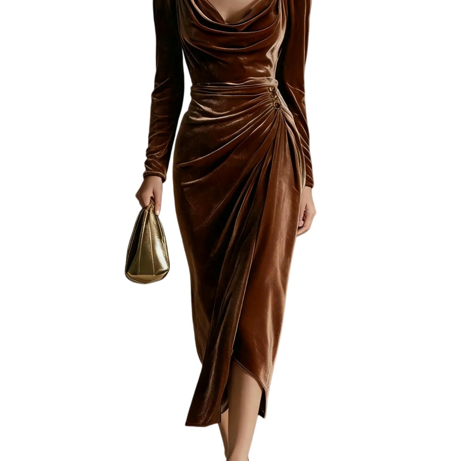 Vestito Abito Midi in Velluto A Manica Lunga, Blush Rosa Ruched Split Hem Design per La Festa Serale-Khaki-l