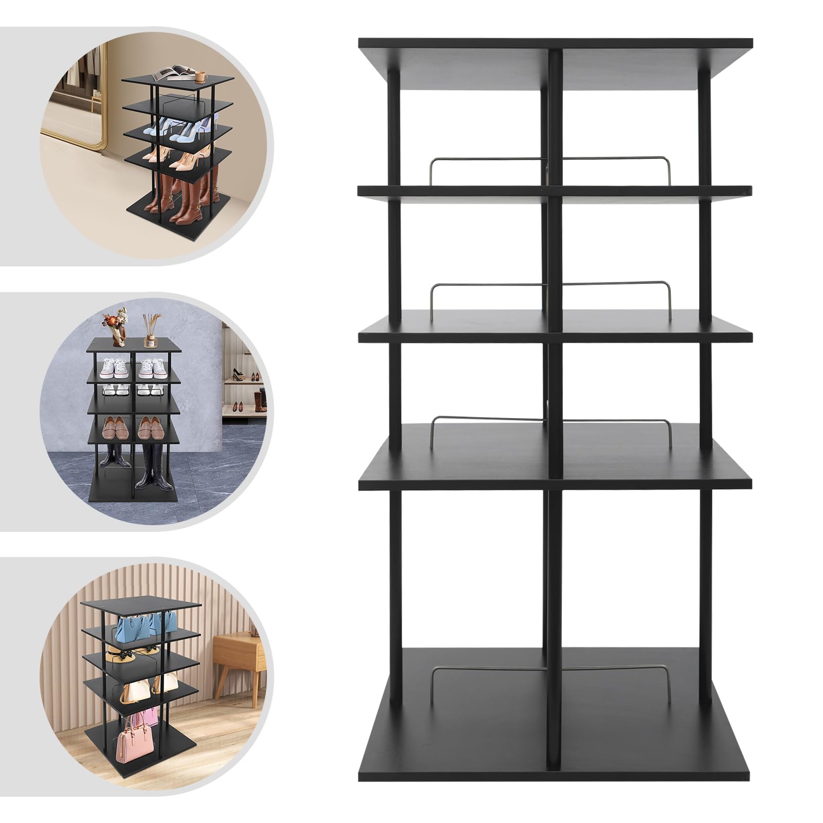 Schuhregal 8 Ablagen für 16 Paar Schuhe 57x57x107cm Schuhablage Schuhständer Mehrstöckiges Schuhaufbewahrungsregal Rotierendes Shoe Rack 4-Etagen mit 360 Grad drehbarer Basis (Schwarz)