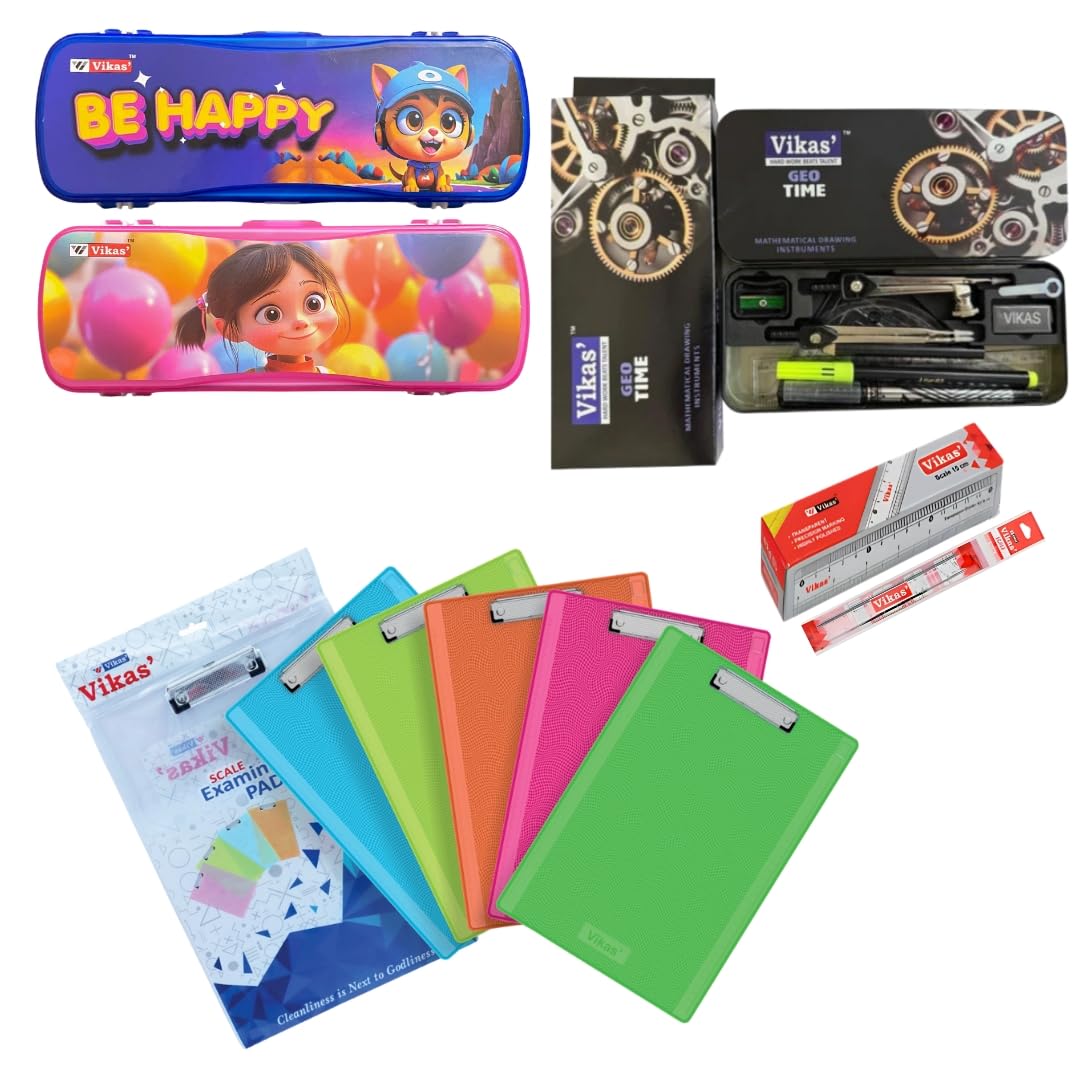 Vikas Rakhi Gift Combo for Kids – 2 Ultra Size Pencil Boxes for Brother & Sister + Geo Time Geometry Box + Exam Writing Board + 15 cm Scale Set of 10 – Back to School Stationery Kit for Kids