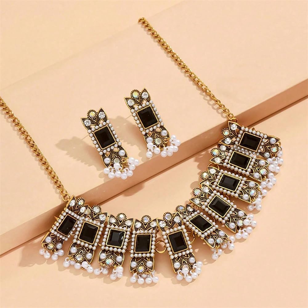 Vintage Rhinestone Indian Jewellery Set for Women Boho Punk Choker Necklace Tassels Pearl Bead Dangle Earring Crystal Wedding Prom Gemstone Traditional Bollywood Ethnic Charms Gift for Mom Xmas - Image 4
