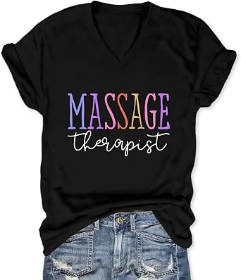 Womens V Neck Funny Massage Therapist T-Shirt Massage Therapy Graphic Tees Casual Summer Printed Short Sleeve Tops