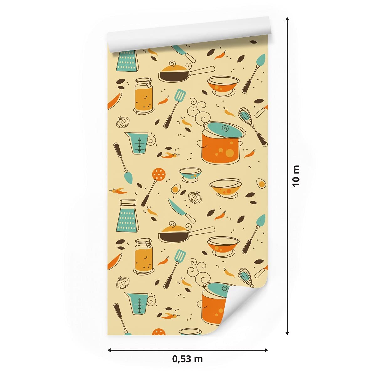 Muralo Tapeta 10 m, rolka włókniny, sztućce, noże, garnki, patelnie, warzywa, tapeta z włókniny, 1000 x 53 cm, tapeta ścienna, do salonu, sypialni, nowoczesna dekoracja ścienna