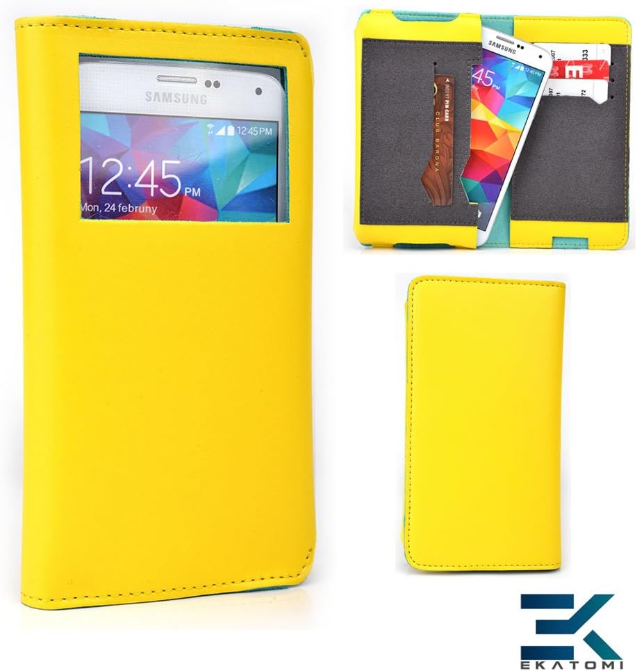 HTC Desire 816 Case - YELLOW & BLUE | Universal Bi-Fold PU Leather Wallet. Bonus Ekatomi Screen Cleaner