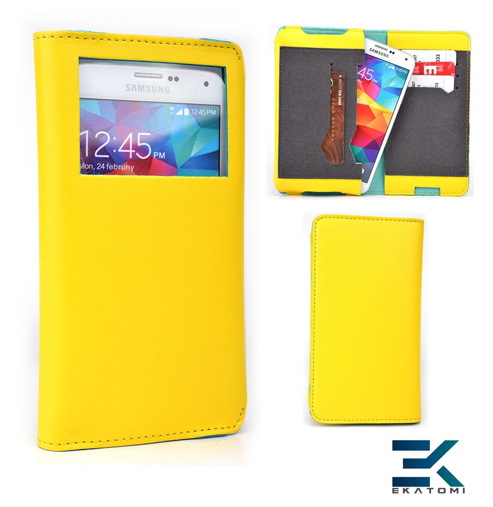 HTC Desire 816 Case - YELLOW & BLUE | Universal Bi-Fold PU Leather Wallet. Bonus Ekatomi Screen Cleaner