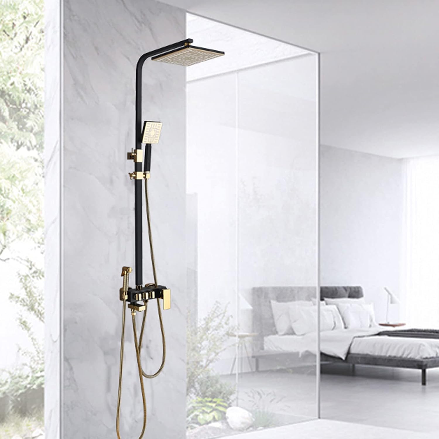 Exposed Shower Faucet Set Black Gold, Wall Mount Shower, Single Handle Bathtub Shower Faucet, Rain Shower Head with Hand Shower, Tub Spout, Bidet Sprayer