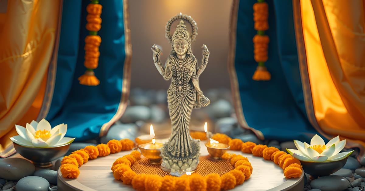 BEXCO Brass Lakshmi Statue on Lotus, Traditional Hindu Deity Idol, Antique Gold Finish, 7 inches, 230 GMS