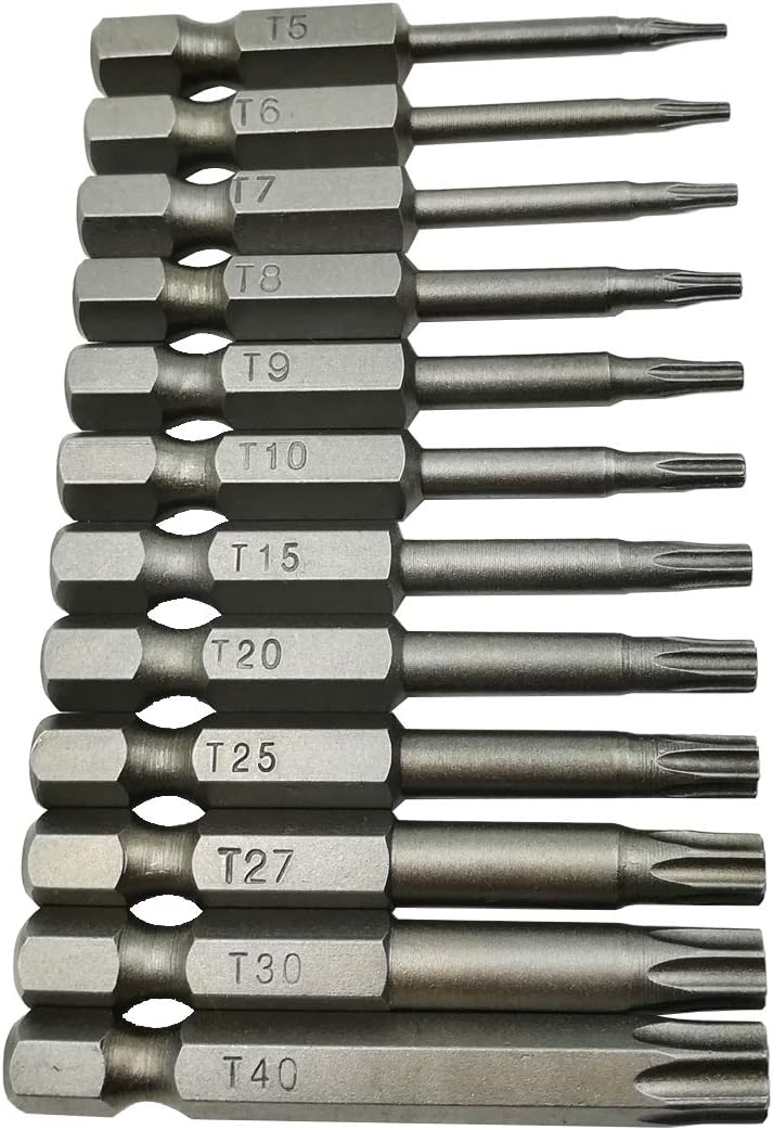 YDLQWCZ Torx Head Screw Driver Bit 12 Pcs Security Torx bit set T5 T6 T7 T8 T9 T10 T15 T20 T25 T27 T30 T40 Size 2 inch Length 1/4 Hex Shank S2 Steel Magnetic Star 6 Point Screwdriver bit set