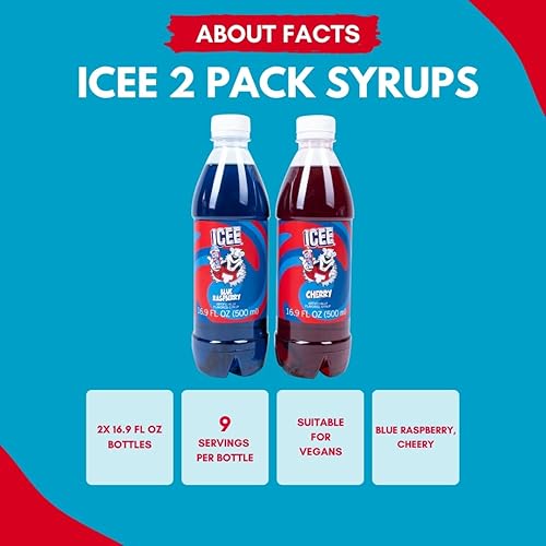 Miniatura 4 de Icee - Paquete de 2 jarabes para granizados de hielo. Jarabes auténticos de hielo que incluyen sabores de frambuesa azul y cereza roja. 2 botellas