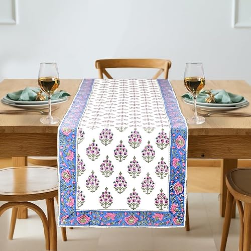 Ridhi Hand Block Print Table Runner Rudy Blue 16x106 Inch 100% Cotton