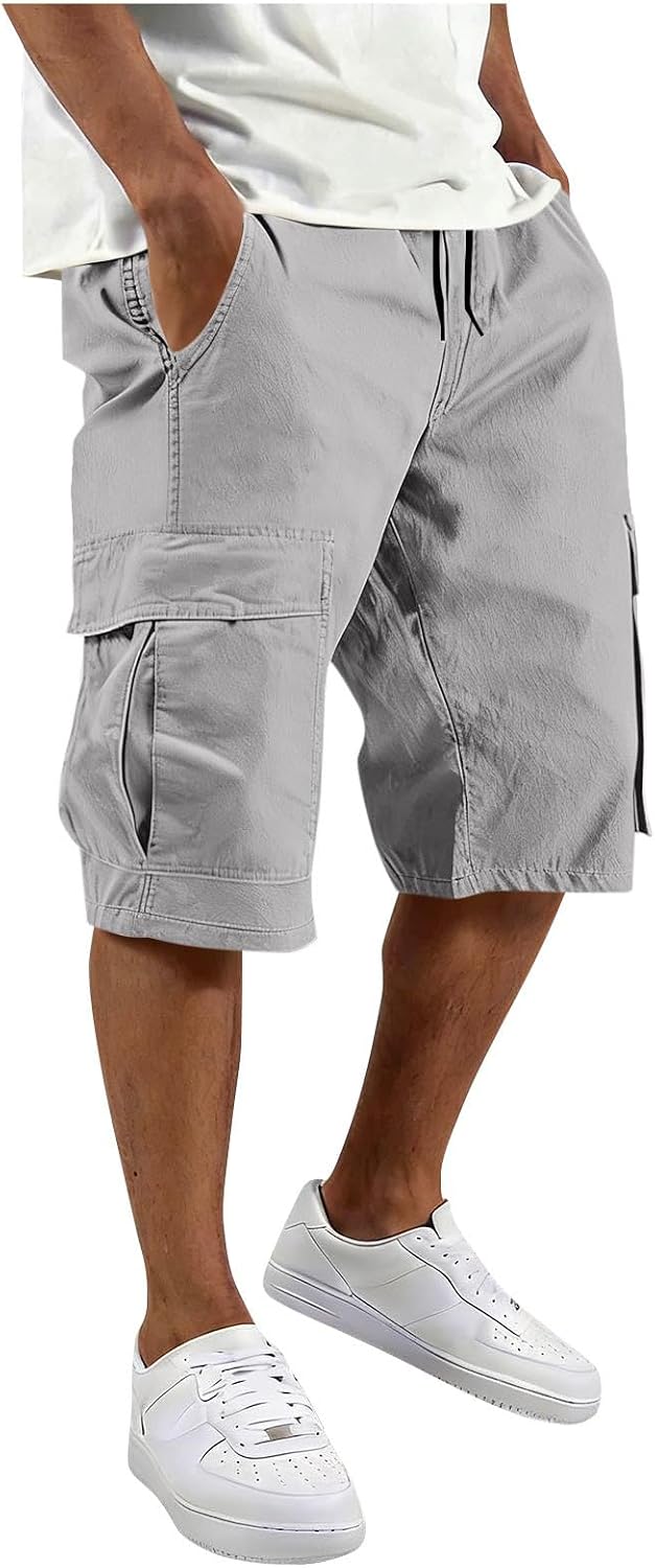 Khaki Cargo Shorts for Men:Comfy Lightweight Elastic Wastic Short Pants Hiking Fishing Workout Trousers with Pockets