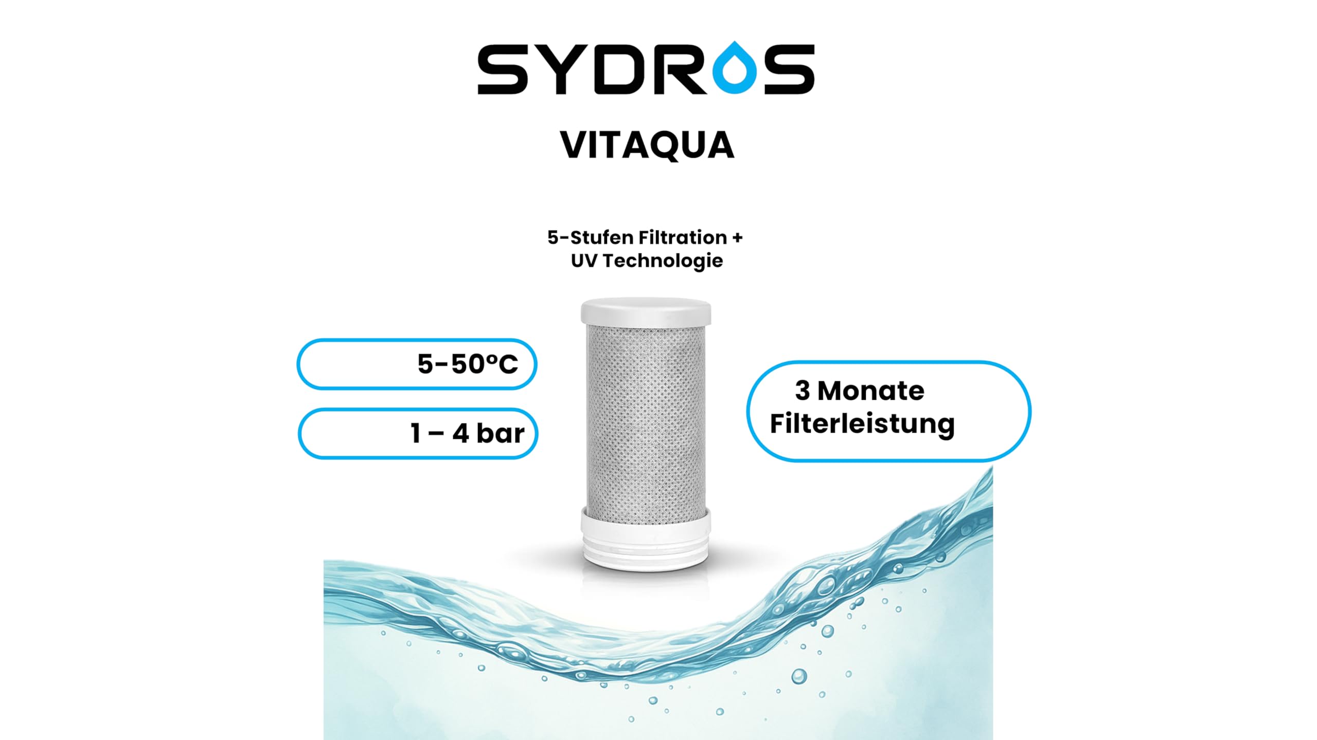 SYDROS VITAQUA - Filtro per rubinetto, a 5 livelli, con modulo di luce UV, riduce il cloro, i sedimenti e gli odori, universale, facile montaggio, ideale per cucina, bagno, viaggi
