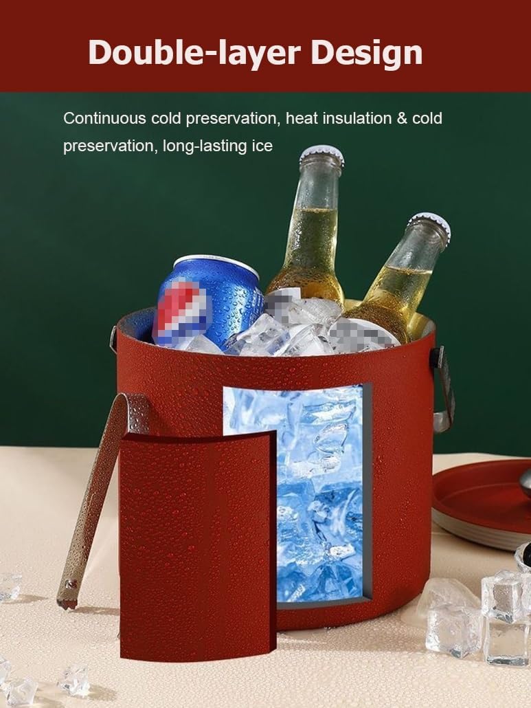 1.6 3L 二重層ステンレススチール製アイスバケツ 氷を長持ちさせる 密閉蓋とトングとストレーナー付き バー用アイスタブ(Red,