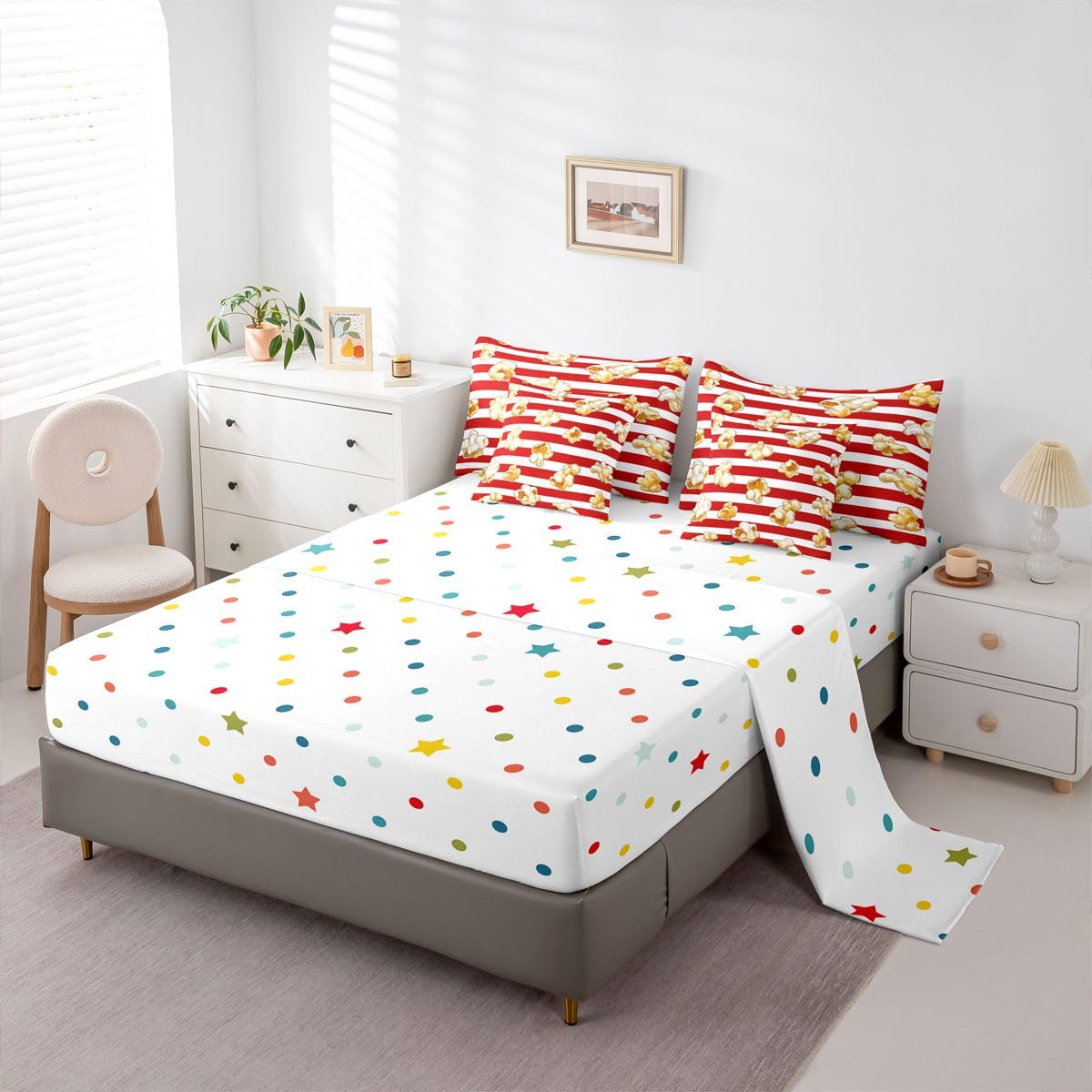 Homemissing Tema del film Piumino Letto con lenzuola 7 pezzi 135x200cm Popcorn Stampa Letto Trapuntato per ragazzi strisce con Piumino Geometric Room Decor