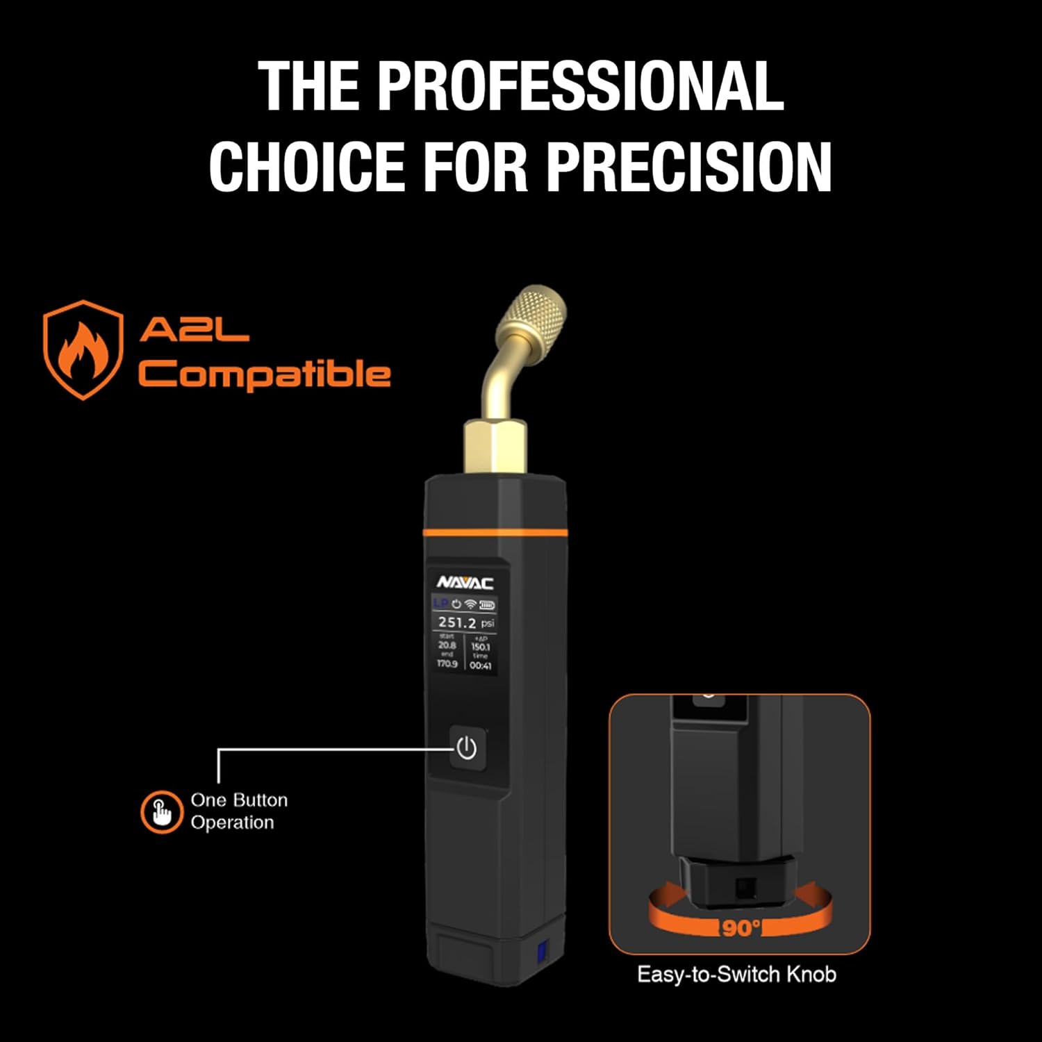 NAVAC NSP1 Bluetooth Pressure Probe with Digital Display - 164ft Range, Ceramic Sensor, Easy-Switch Knob, Compatible with MyNavac App - Includes Rechargeable Battery & Carry Bag, 7.6oz