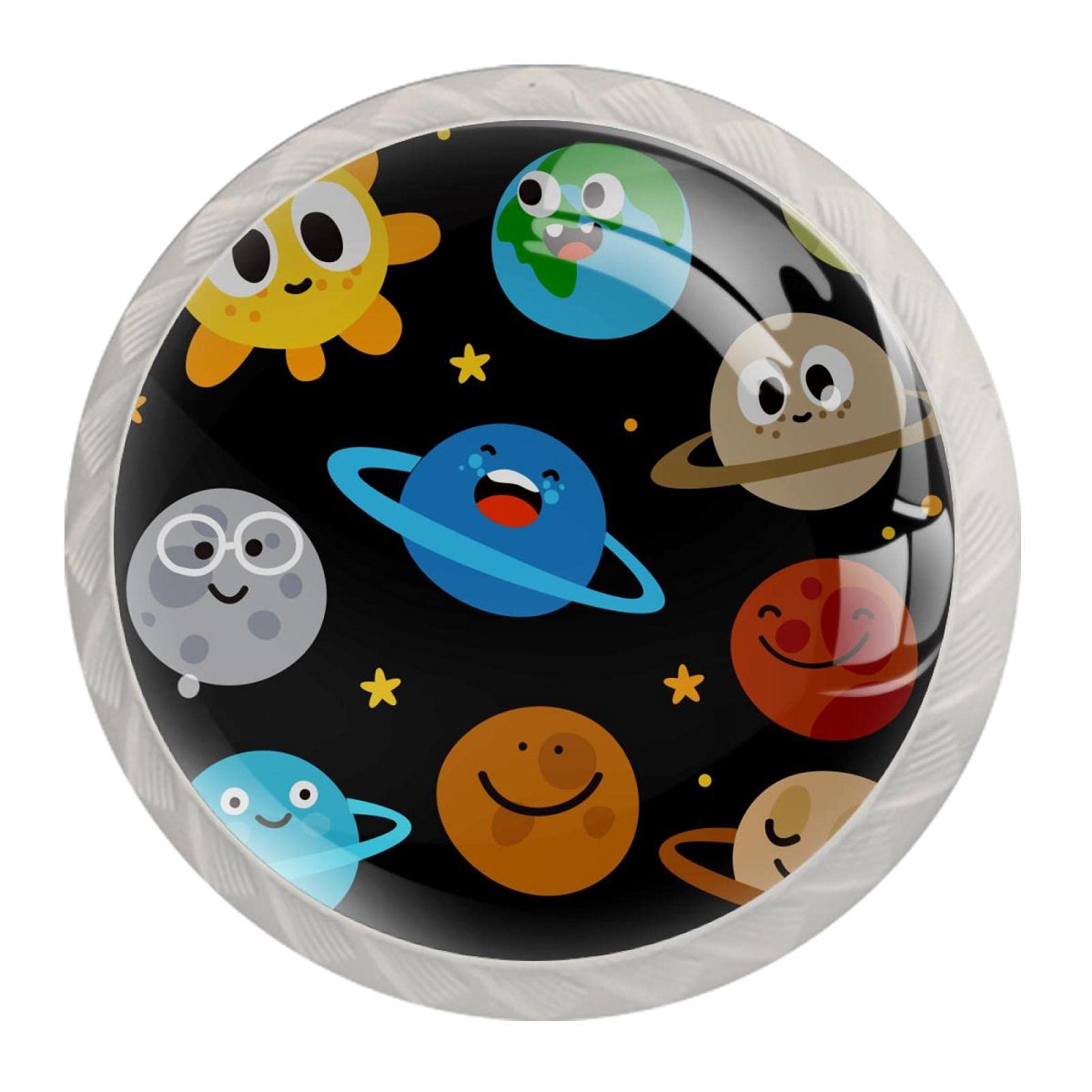 Round Knobs Set of 4 Handles Outer Space Solar Systern Sun Earth Smiley Personalized Unique Design Special