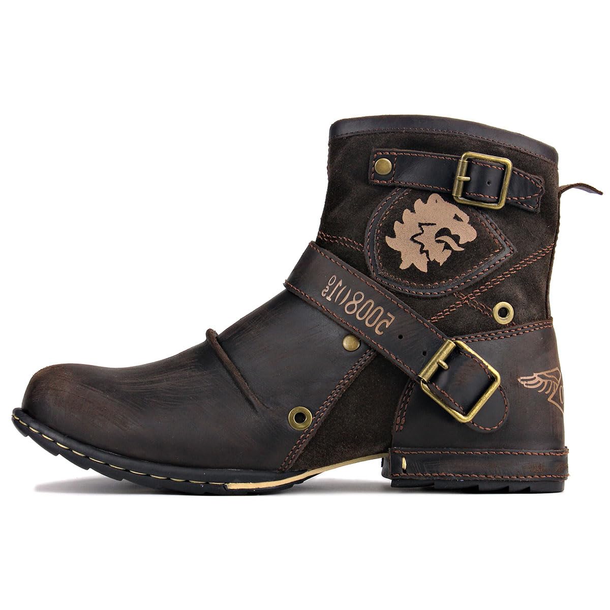 OSSTONE Herren Leder chukkastiefel Worker Biker Boots-Motorrad-Leder-Schuhe für reißverschluss Schnürstiefeletten Boots OS-5008-1-NH-DE-R