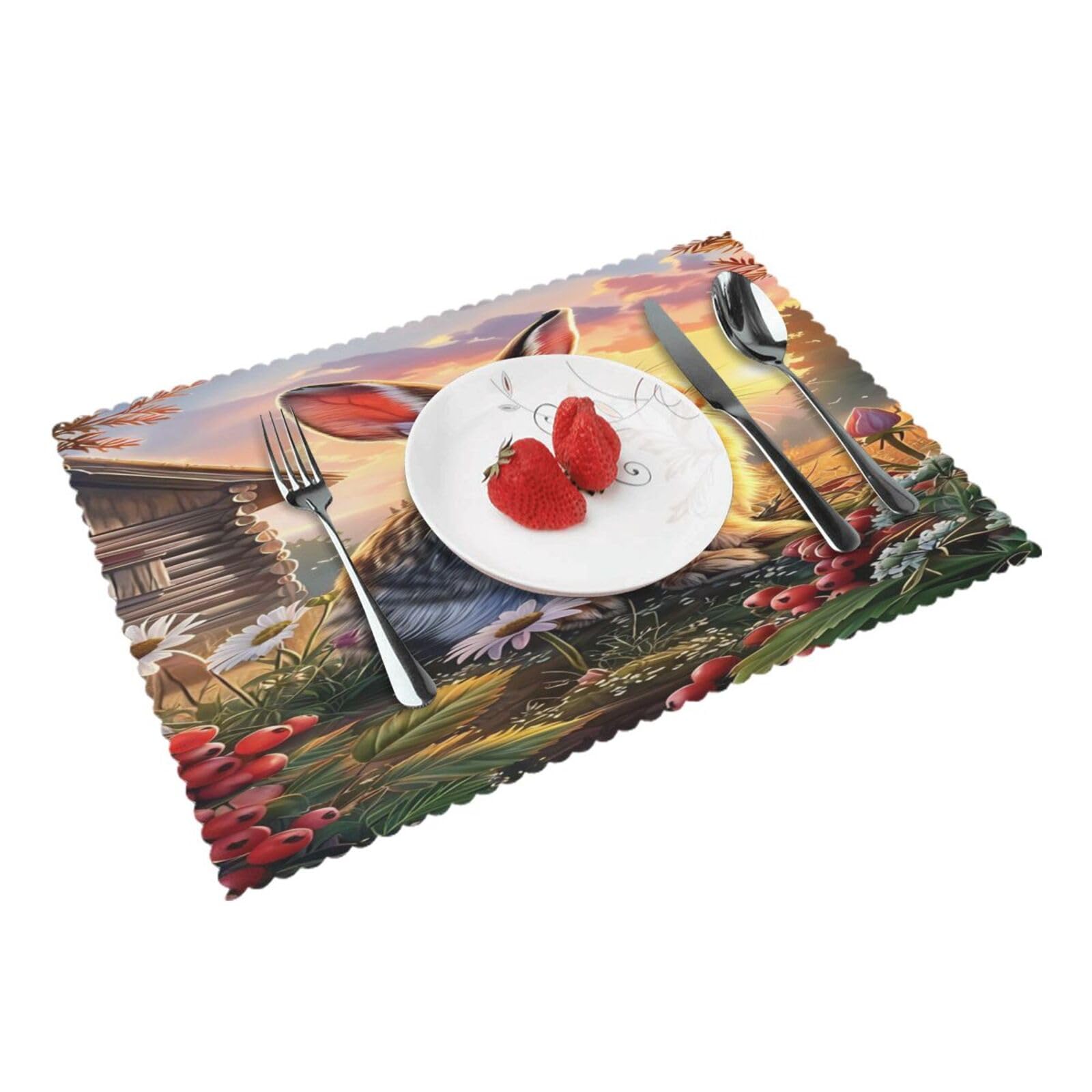 Rabbit Garden Sunset Flowers Placemats Set of 4 Print Table Mats Place Mats Table Decor for Kitchen Dining 12X18 in