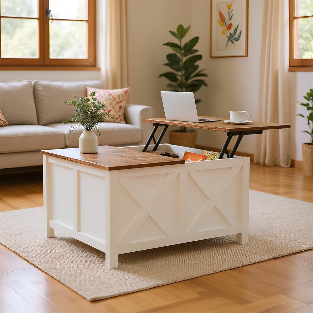 Farmhouse Lift Top Coffee Table with Storage, 31.5" Square Center Table, Living Room Table Flip-Top Hidden Compartment, for Living Room, Bedroom, Home Office (Black)