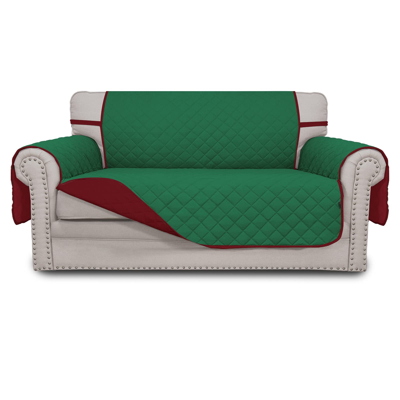 Easy-Going Reversible Couch Cover, 2 Cushion Sofa, Green/Christmas Red