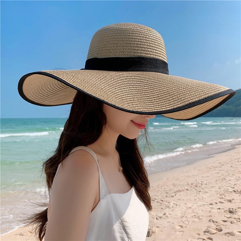 Womens Wide Brim Floppy Beach Hat UPF 50+ Foldable Straw Sun Hat with Black Ribbon for Summer Travel Outdoor Activities - Image 5