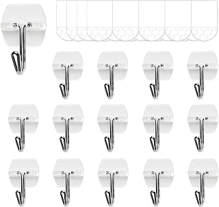 15 Clear Small Wall Hooks with 20 Strips for Hanging, Wire Toggle Hooks for Walls No Damage, Utility Hooks Heavy Duty with Adhesive Strips for Hanging Decorations in Living Spaces, No Tools.