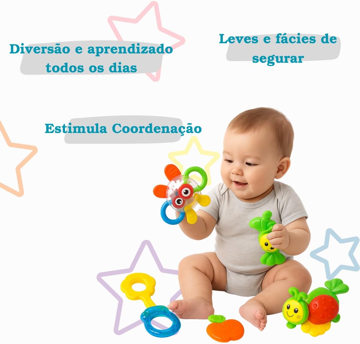 Brinquedo Infantil para Bebês Kit 6 Peças Chocalhos e Mordedores – Coloridos, Brinquedo Educativo, Sensorial e Seguro, Estimula Coordenação Motora, Ideal para 6 a 12 meses Brinquedo Infantil para Bebês Kit 6 Peças Chocalhos e Mordedores – Coloridos, Brinquedo Educativo, Sensorial e Seguro, Estimula Coordenação Motora, Ideal para 6 a 12 meses