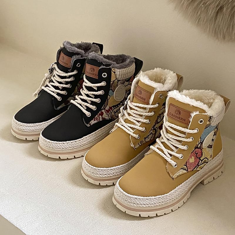 Winter Combat Boots with Fur Lining, Black and Tan, Lace-Up Style, Plush Interior, Casual Outdoor Snow Boots