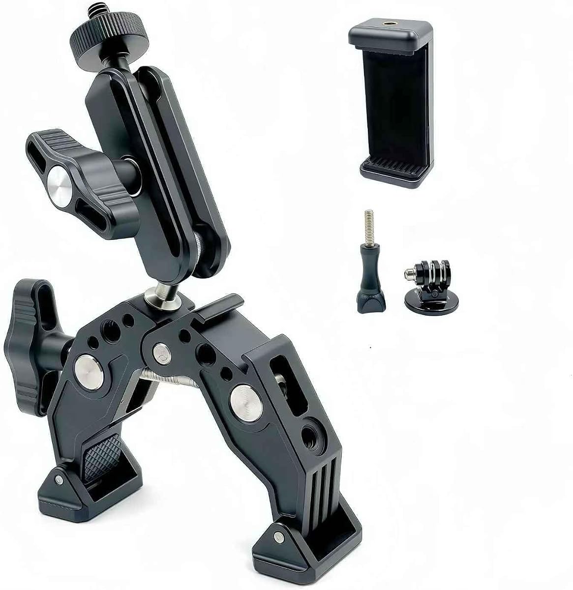 Super Clamp with 3” 360°Dual Ballhead Magic Arm, Cold Shoe, 1/4” Threads Mount Adapter for Phone, Action Camera, Desk Tripod, Tube, Gimbal, Compatible with SmallRig, GoPro, DJI Model ST83,13–65mm