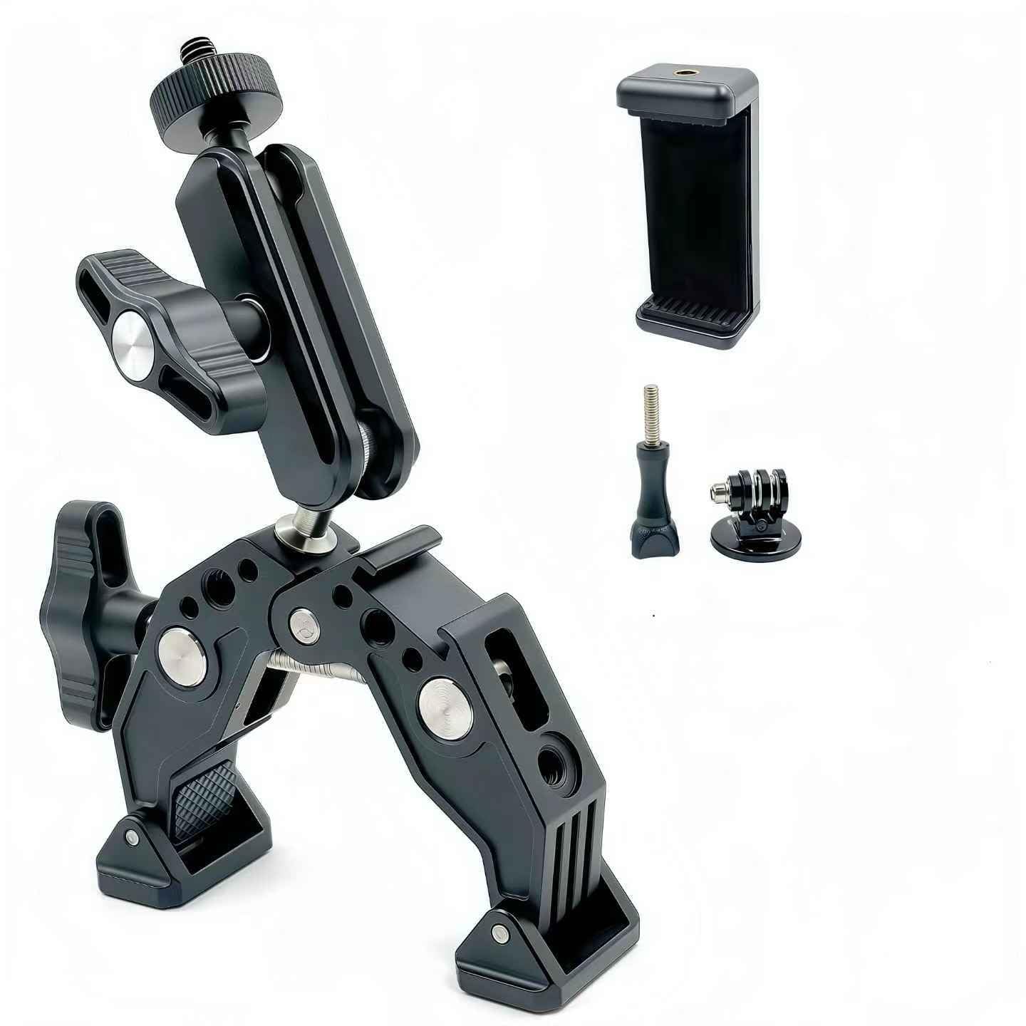 Super Clamp with 3” 360°Dual Ballhead Magic Arm, Cold Shoe, 1/4” Threads Mount Adapter for Phone, Action Camera, Desk Tripod, Tube, Gimbal, Compatible