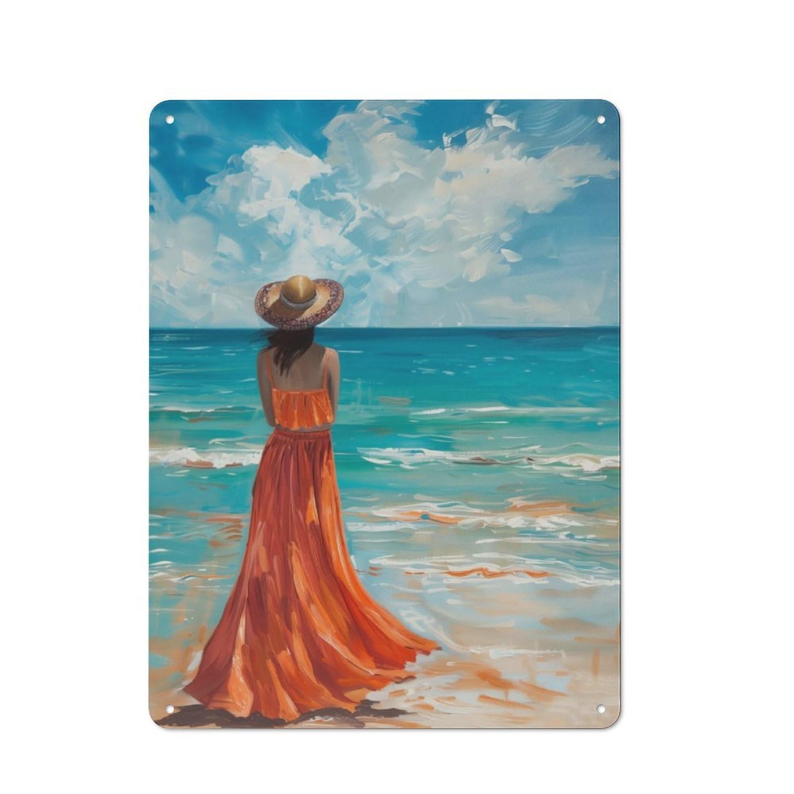 Junmoney A Lonely Woman In A Beach Metal Plaque 40X30cm With For Garage Wall, Vintage Decor, For Vintage Wall Decor Fans, For Metal Sign Collectors