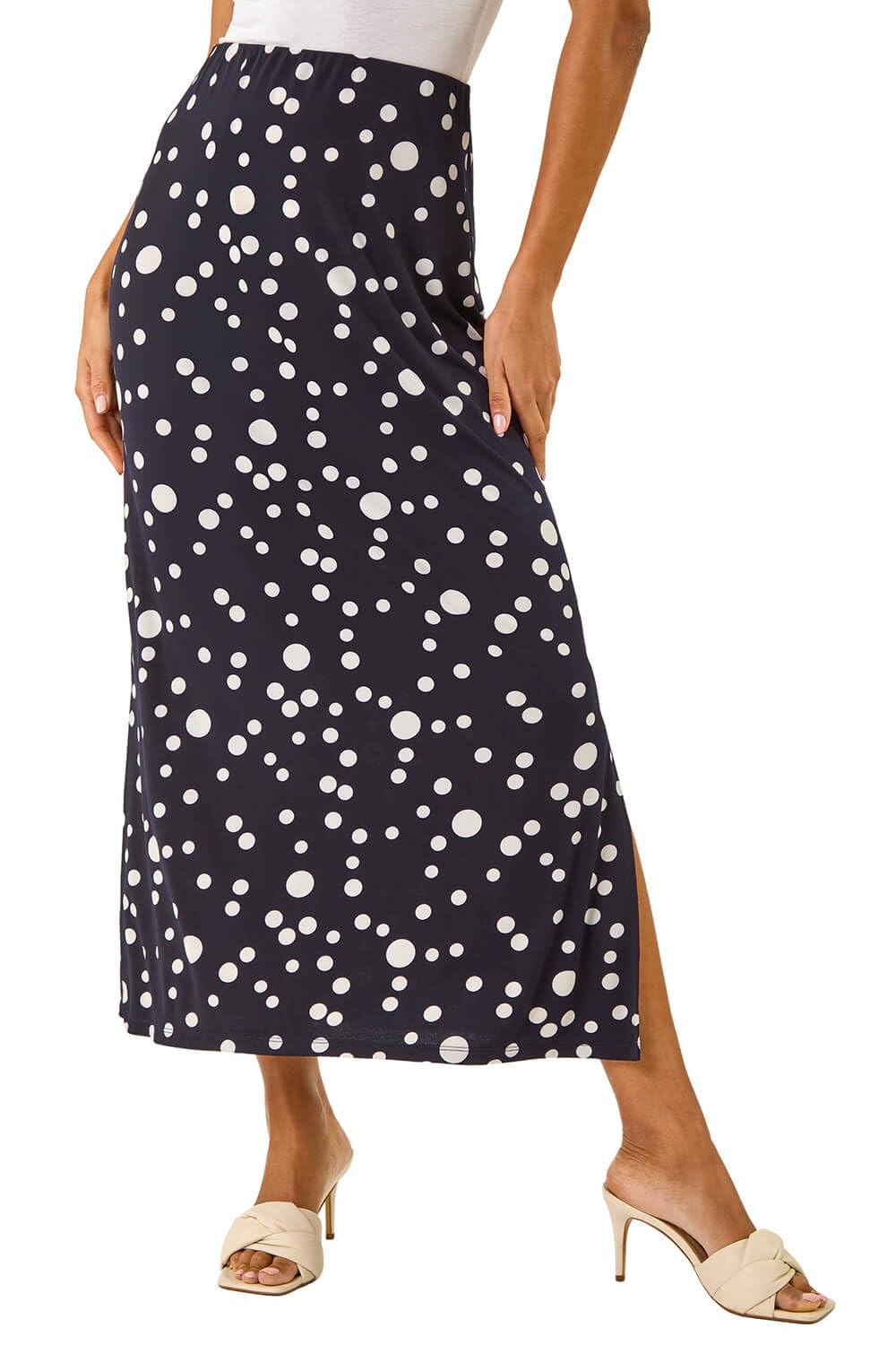 Roman Jersey Skirt for Women UK - Ladies Midi Maxi Floral Animal Print Autumn Winter Swing Smart Casual Office Cocktail Party Going Out Evening Holiday Cruise - Spot Navy - Size 10