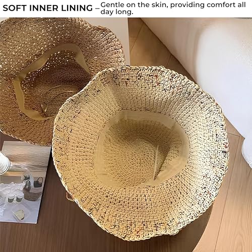 Image of Kraptick Headwear Hats - Lightweight Crocheted Straw Hat for Women, Foldable Summer Beach Hat with UV Protection & Stylish Travel Cap with Wide Brim