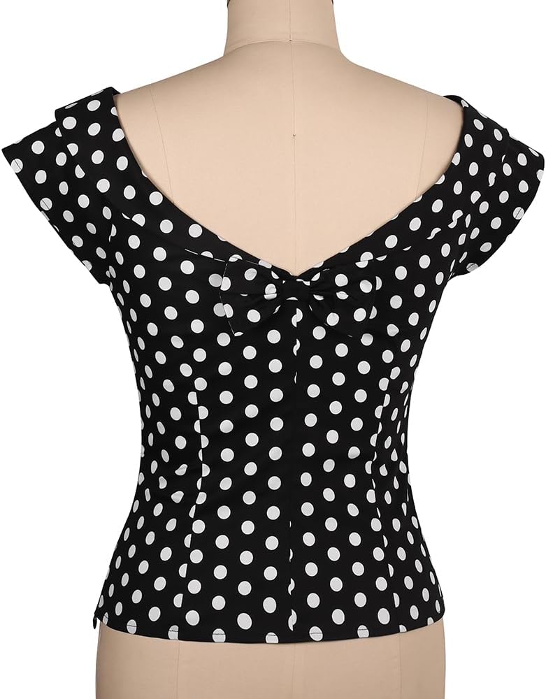 YARN & INK Women's 1950s Vintage Pinup Tops Back Bow Tie Cute Rockabilly Work Formal Shirt, Casual Blouse for Women