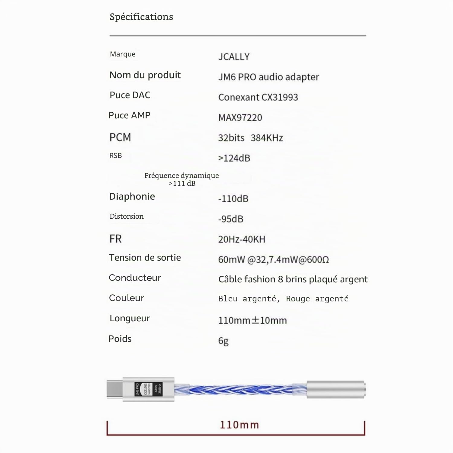 JCALLY JM6 Pro USB-C Type-C vers 3,5 mm Dual DAC CX31993 MAX97220 Amplificateur de décodage Hi-Fi DAC Mobile pour casque (bleu)