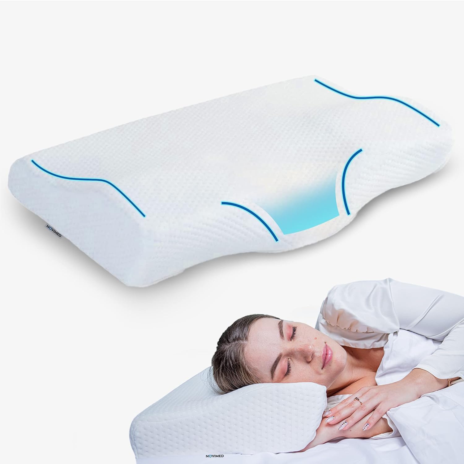 NOVIMED Advanced Premium Memory Foam Pillow, Contour Cervical Pillow for Neck Pain, Snoring and Breathing Difficulty for Back and Side Sleepers, Butterfly Cervical Pillow - Doctor Recommended