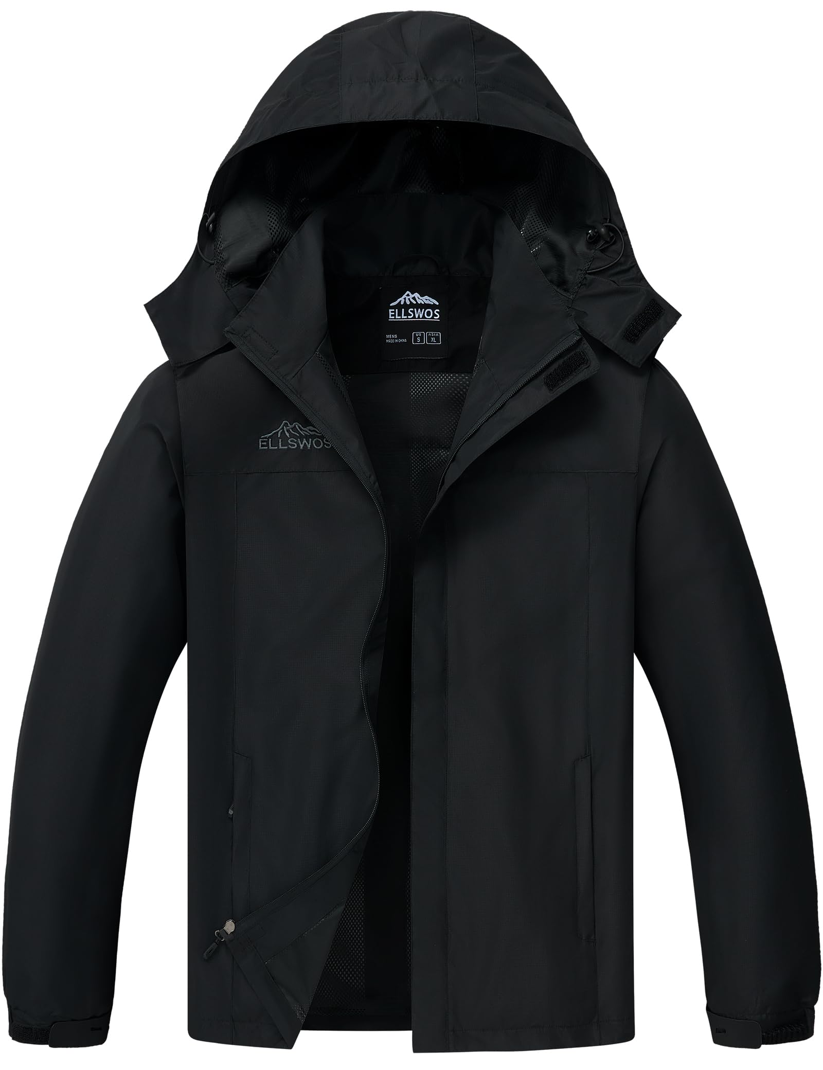 ELLSWOS Men's Waterproof Raincoat Lightweight Rain Jacket with Detachable Hood Softshell Windbreakerl for Hiking Travel Large Black