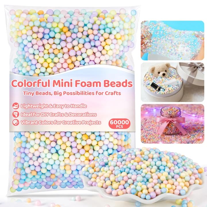 RAINFLOW 60000 Pieces Colorful Mini Foam Beads 4-6mm for Slime Ball Filler Tiny Packing Arts DIY Crafts Supplies Assorted Size Balls for Wedding and Party Decorations