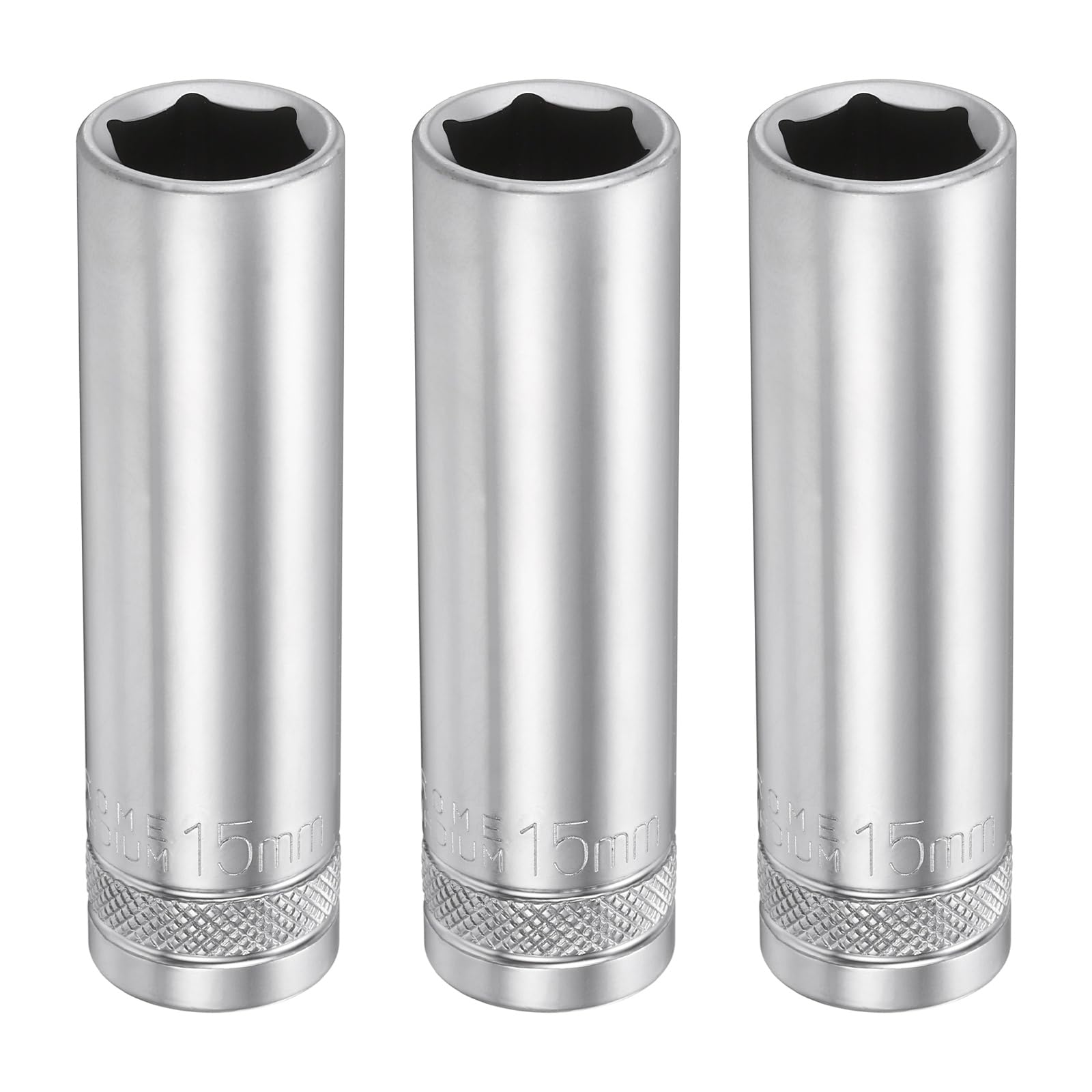sourcing map 3pcs 6 Points Deep Socket 1/2" Drive 15mm Deep Metric CR-V Steel Polished Nickel Plating 78mm / 3.1" Long Hex Socket Tool for Home Auto Nuts Bolts Repair