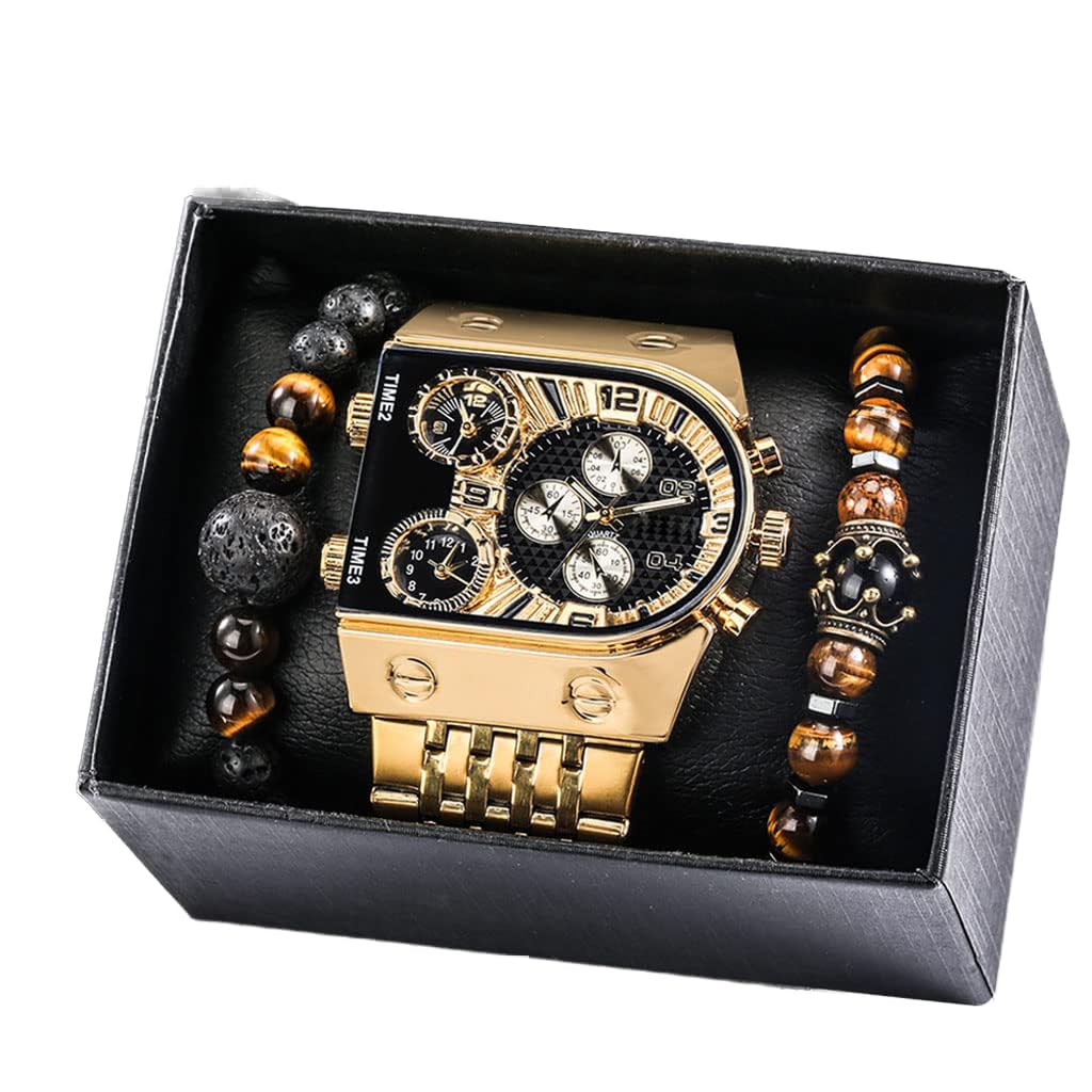 Relojes de Oro para Hombre, Juego de Pulsera de Madera, Juego de 3 Piezas, Conjunto de Correas de Fashion Business, Regalo para El Marido