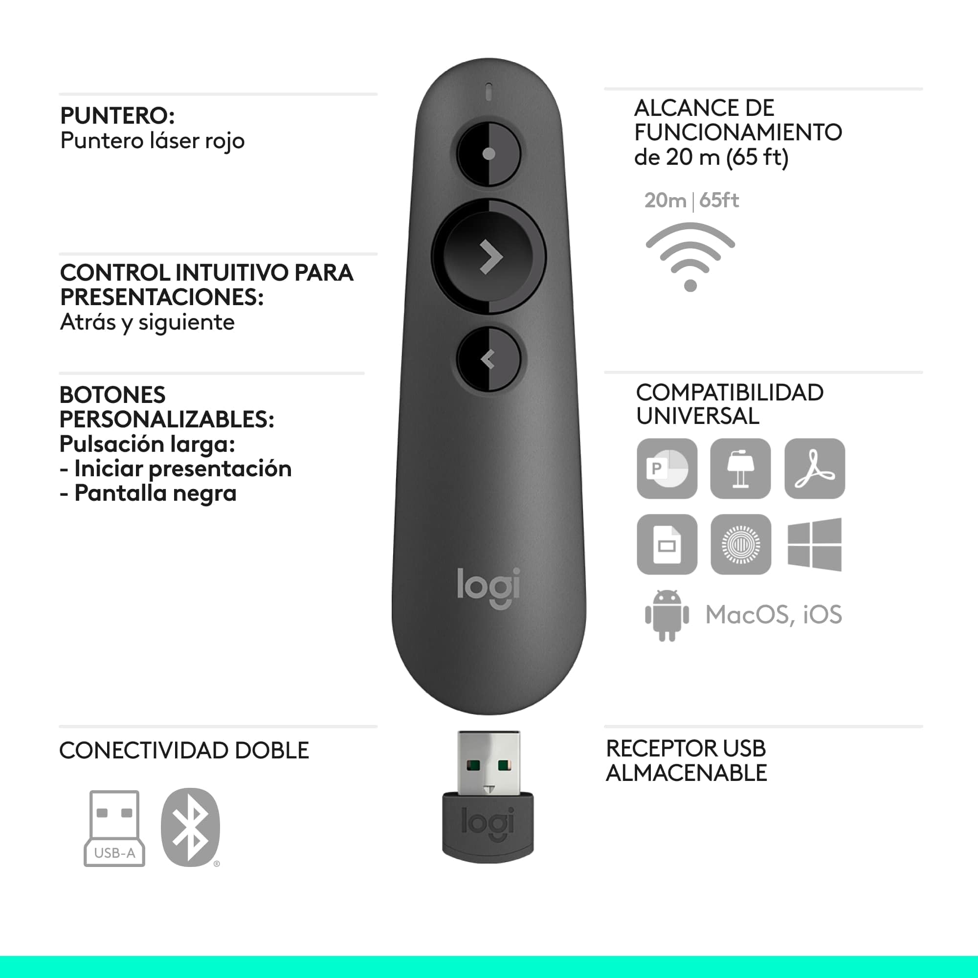 Logitech R500s, Dispositivo de Presentación Láser de Clase 1, Bluetooth y USB, para presentaciones, Compatibilidad Universal, Radio de acción de 20 m, Personalizable – Gris Oscuro