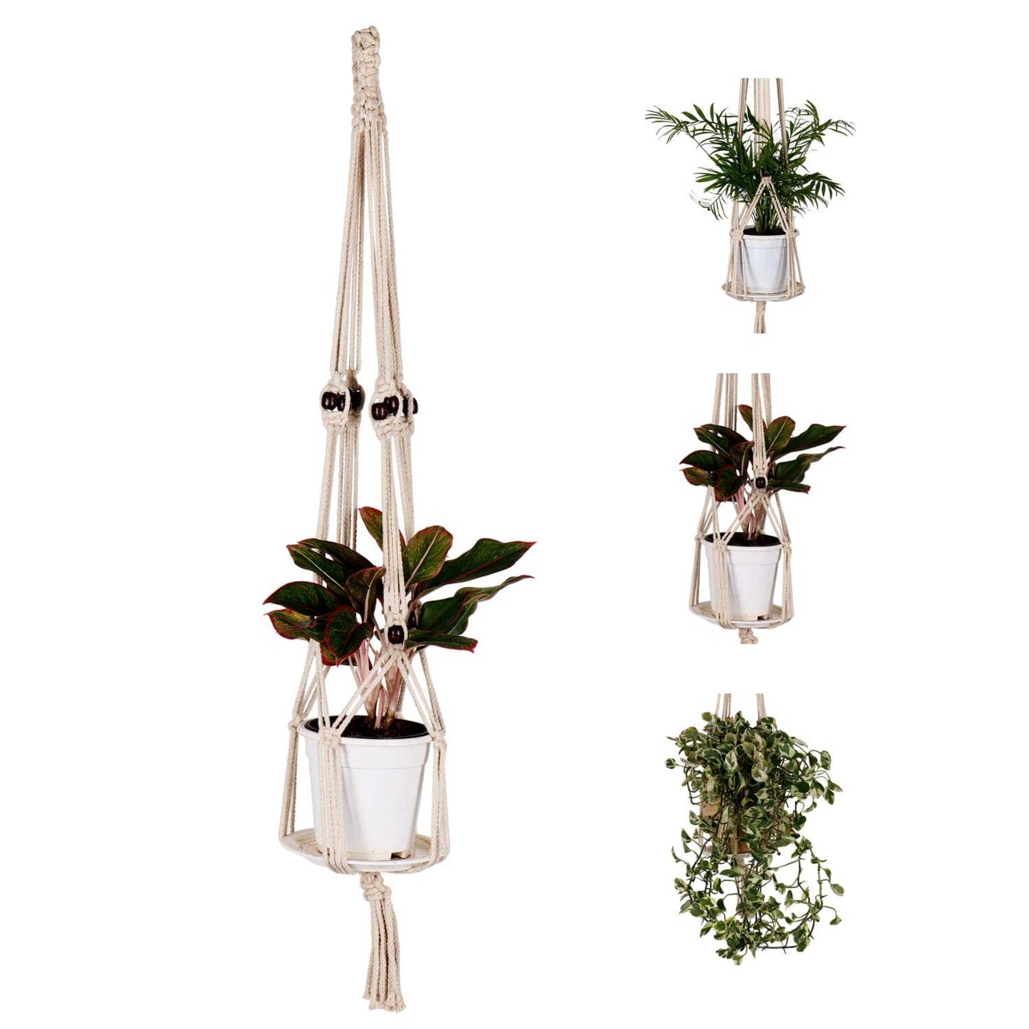 Green Roots Macrame Cotton Rope Plant Hanger/Hanging Planter, Flower Pot Holder 35 inches with 2 Layers Wooden Beads - Off White (B0BL8H2G92) Amazon Price History, Amazon Price Tracker