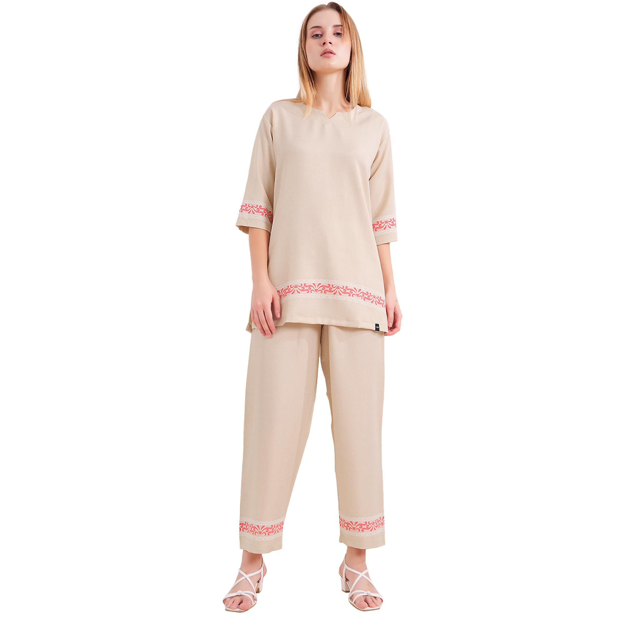 Women’s Premium Co-ord Set – Beige V-Neck Top with Subtle Embroidered Borders & Matching Pants | Co Ord Set for Women Stylish | Travel Co Ord Set for Women-image-46
