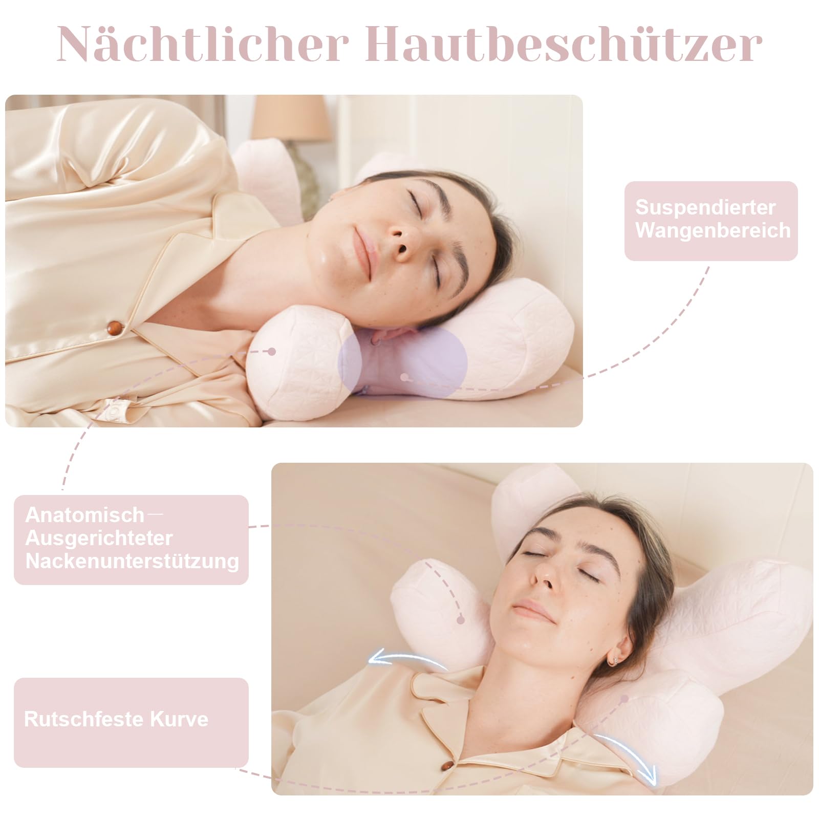 Anti-Falten Kissen, Seitenschläfer Schönheitskissen, Hautfreundliches Daunenkissen gegen für Schlafen, Anti-Wrinkle Pillow für Anti-Aging, Eye-Surgery, Gesichtsfalten, Nackenstütze（Rosa）